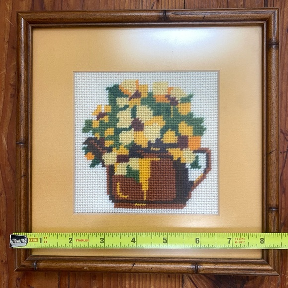 Vintage Finished Needlework Framed Matted w/ Glass Golden Bouquet Flowers 8” - Picture 4 of 7